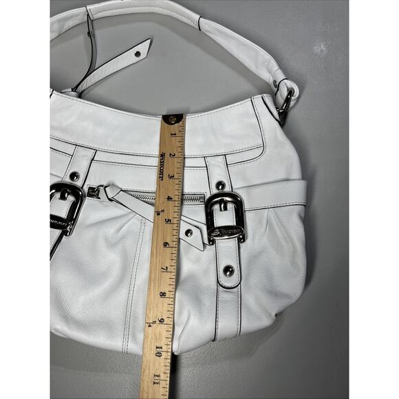 B Makowsky Leather Handbag Shoulder Bag White Hobo with Buckles Top Zip Pleats - Picture 10 of 14